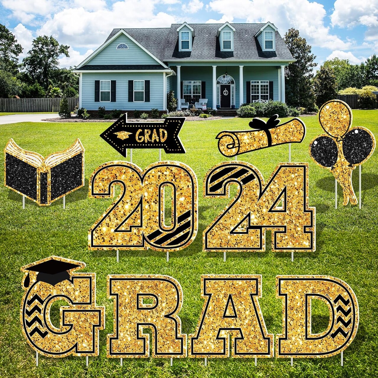10 PCS 2024 Graduation Decorations, Large Congrats Grad 2024 Yard Signs with Stakes, Class of 2024 Glitter Plastic Congratulations Graduate Grad Lawn Yard Signs for College School Grad Party Supplies